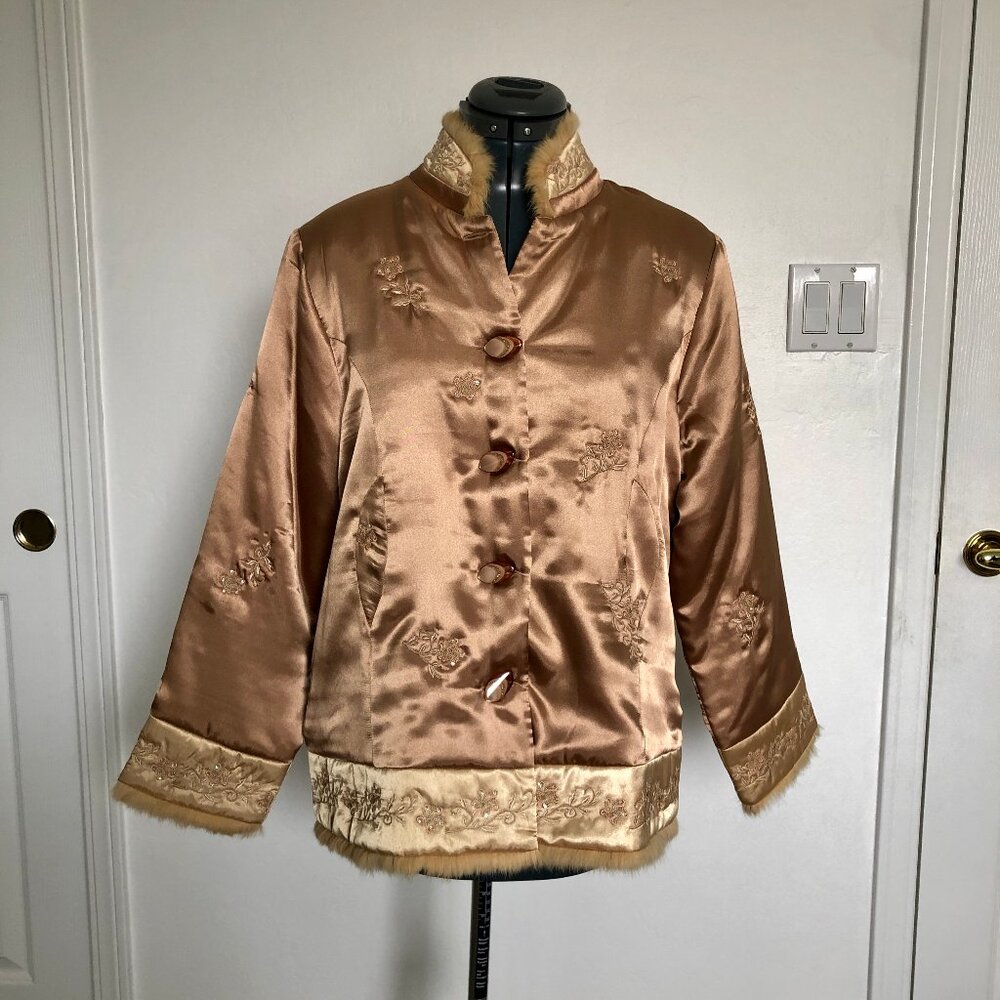 Light Copper Color Satiny Jacket with Embroidered Flowers and faux fur trim